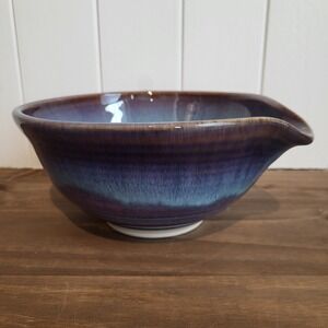 Bill Campbell Blue Pottery Mixing Batter Bowl Pouring Spout Drip Glaze Signed